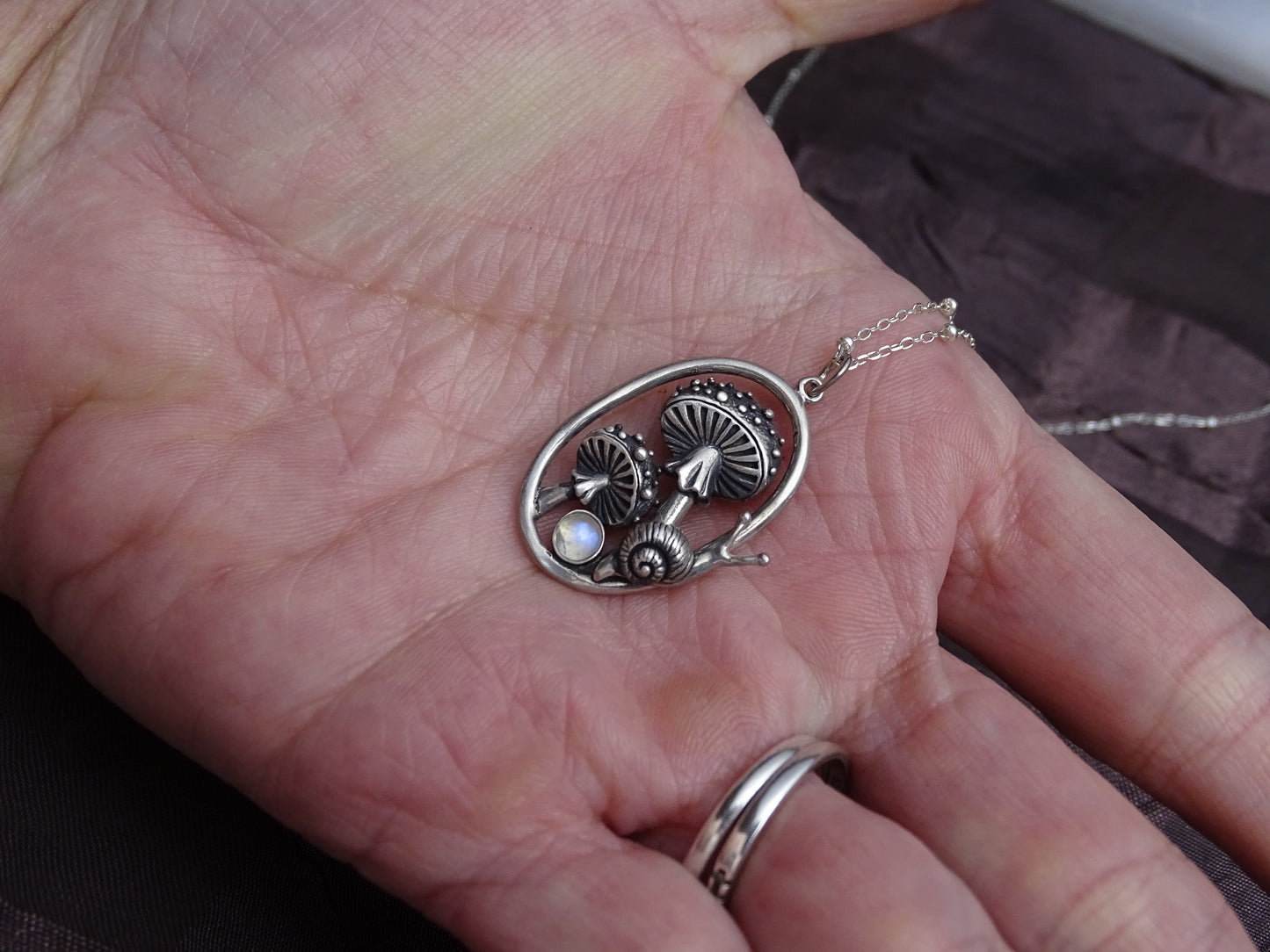 Enchanting Mushroom Snail Pendant, Sterling Silver with Iridescent Moonstone