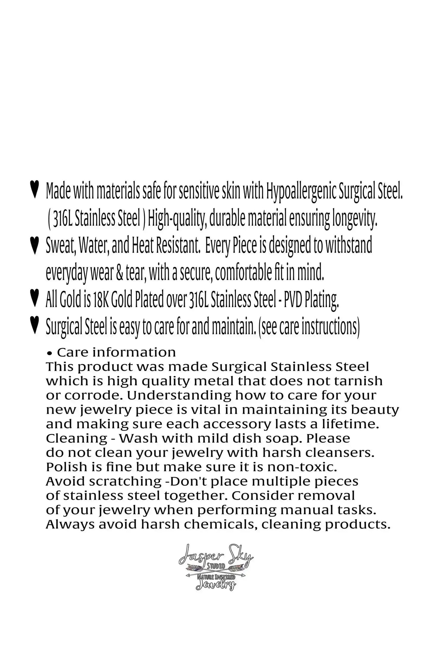 Care instructions for handcrafted silver dangle earrings made from surgical steel. Durable, hypoallergenic, and easy to maintain.