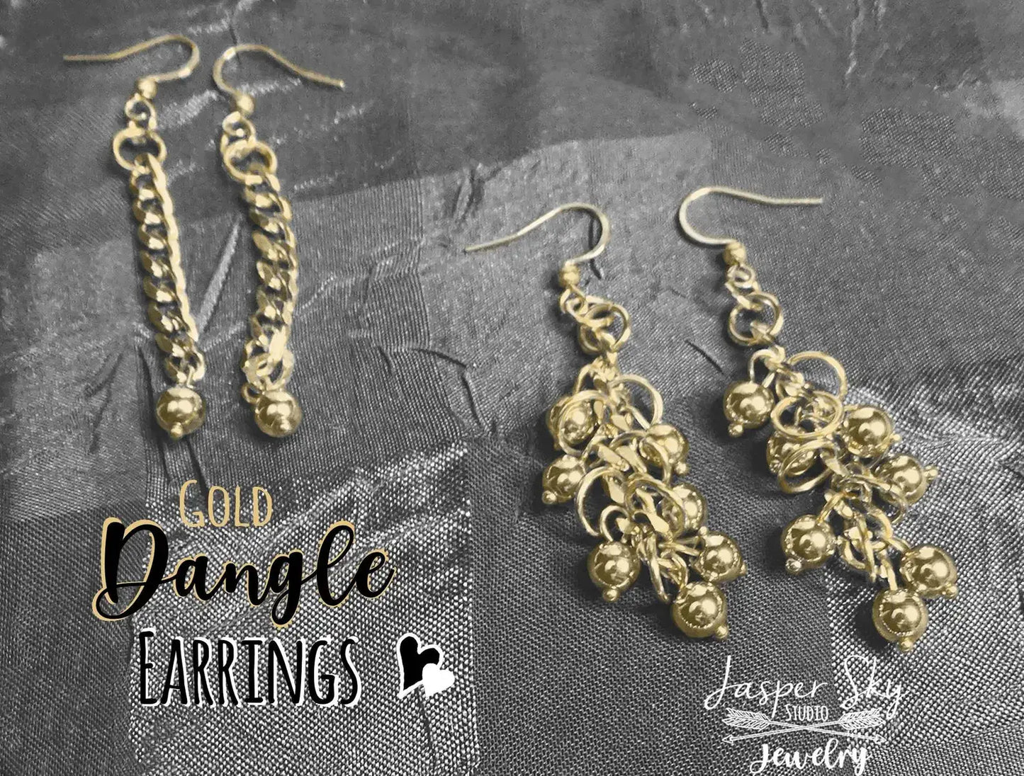Two styles of Handcrafted Gold Long Dangle Earrings displayed on fabric, featuring chain and clustered ball designs for versatile looks.