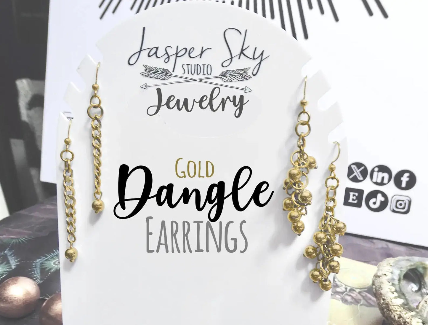 Display card featuring Handcrafted Gold Long Dangle Earrings in two styles, ideal for gifting or showcasing in jewelry collections.