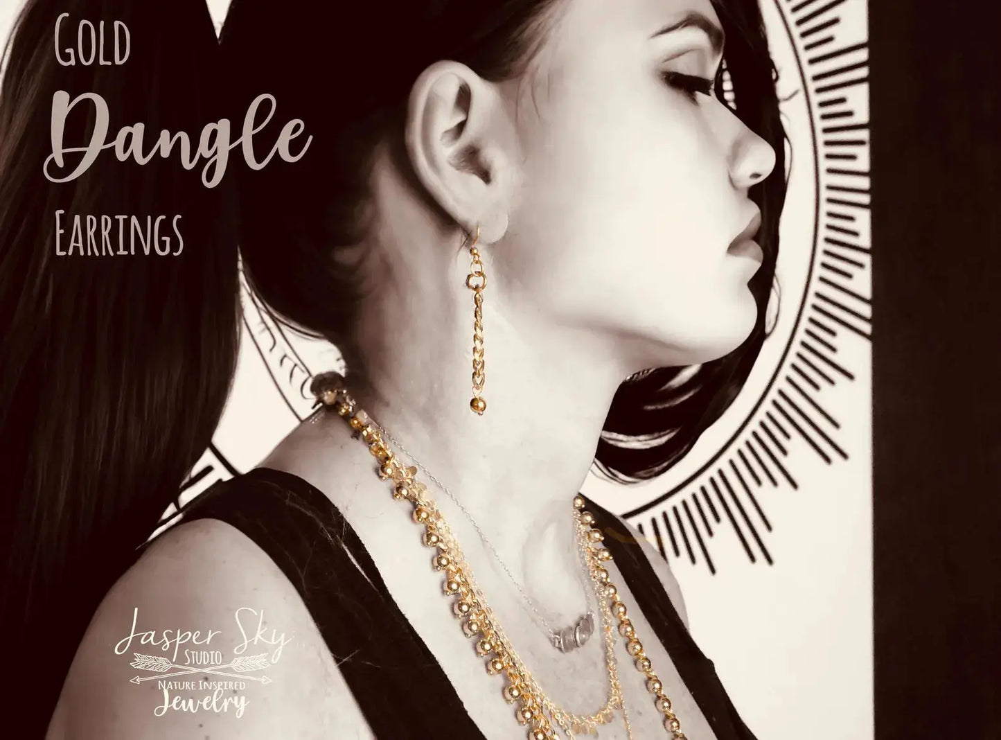 Handcrafted Gold Long Dangle Earrings styled on model with matching necklace, perfect jewelry gift for casual or chic outfits.