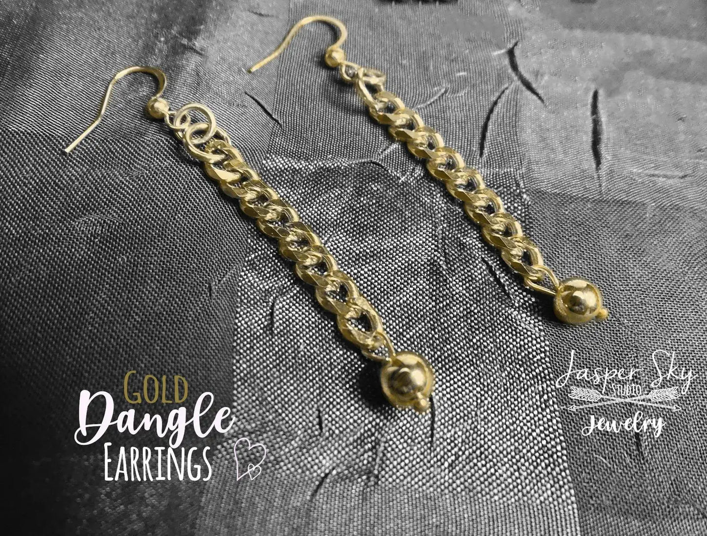 Close-up of Handcrafted Gold Long Dangle Earrings with chain and ball detail, ideal for elegant everyday wear or gifting.