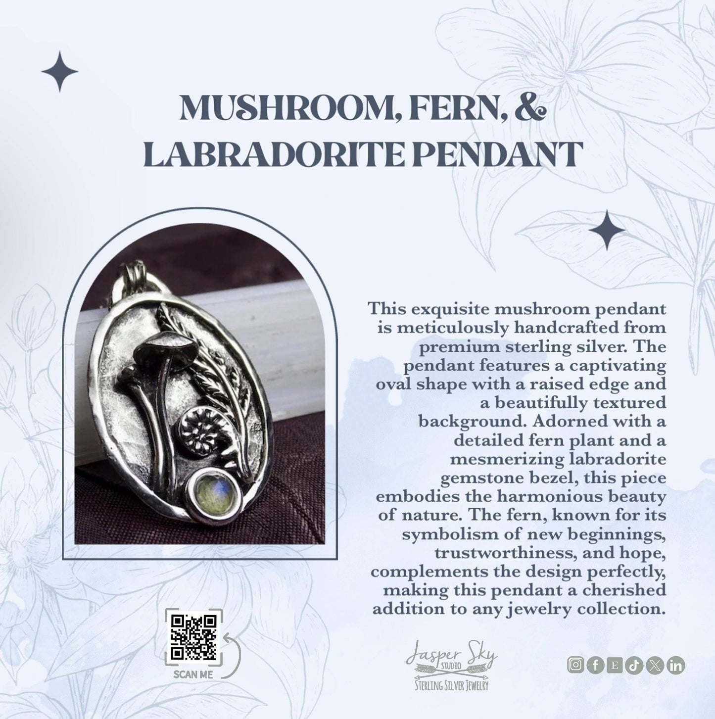 Handmade sterling silver mushroom pendant with fern and labradorite, described as a symbol of hope and nature in a jewelry collection promo.