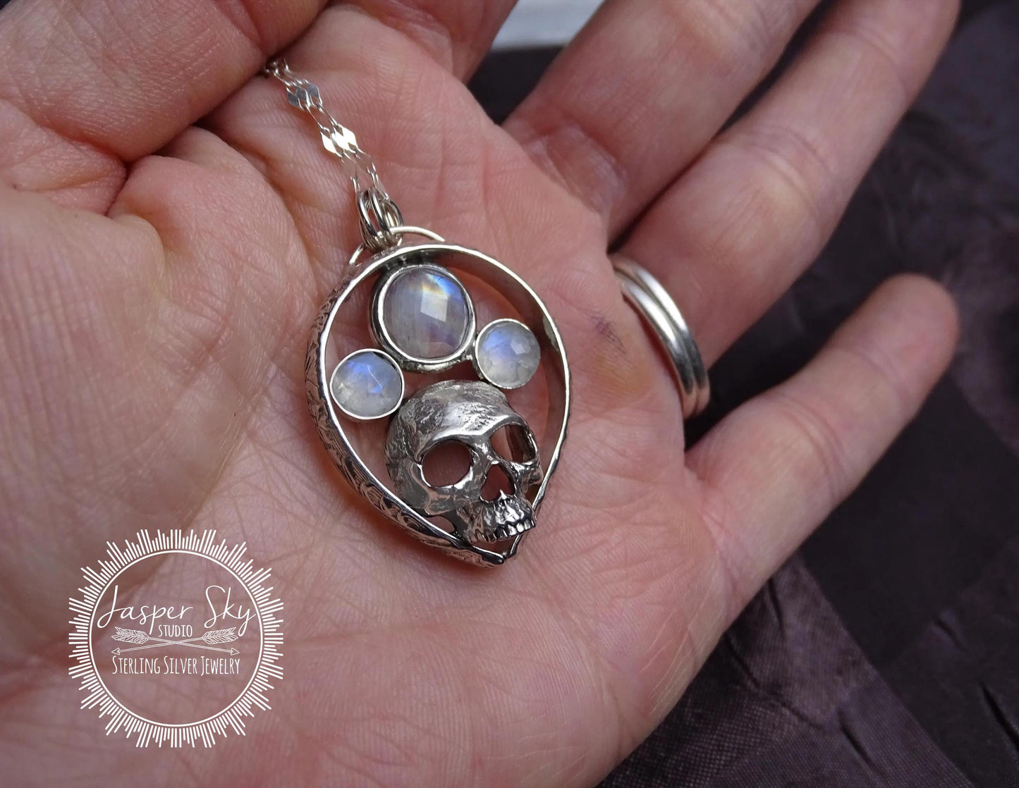Skull Pendant in Sterling Silver with Rainbow Moonstones