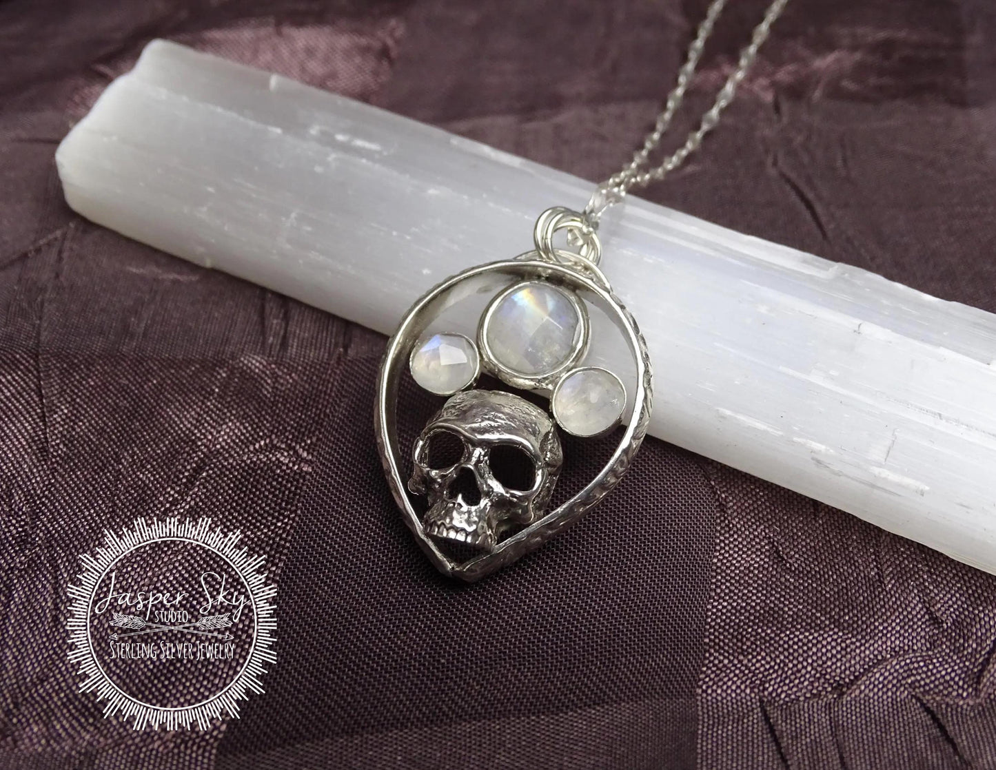 Skull Pendant in Sterling Silver with Rainbow Moonstones