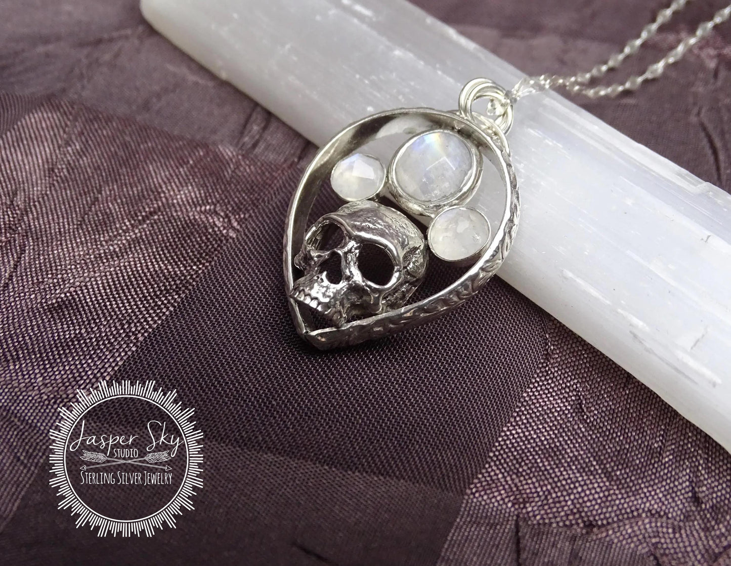 Skull Pendant in Sterling Silver with Rainbow Moonstones