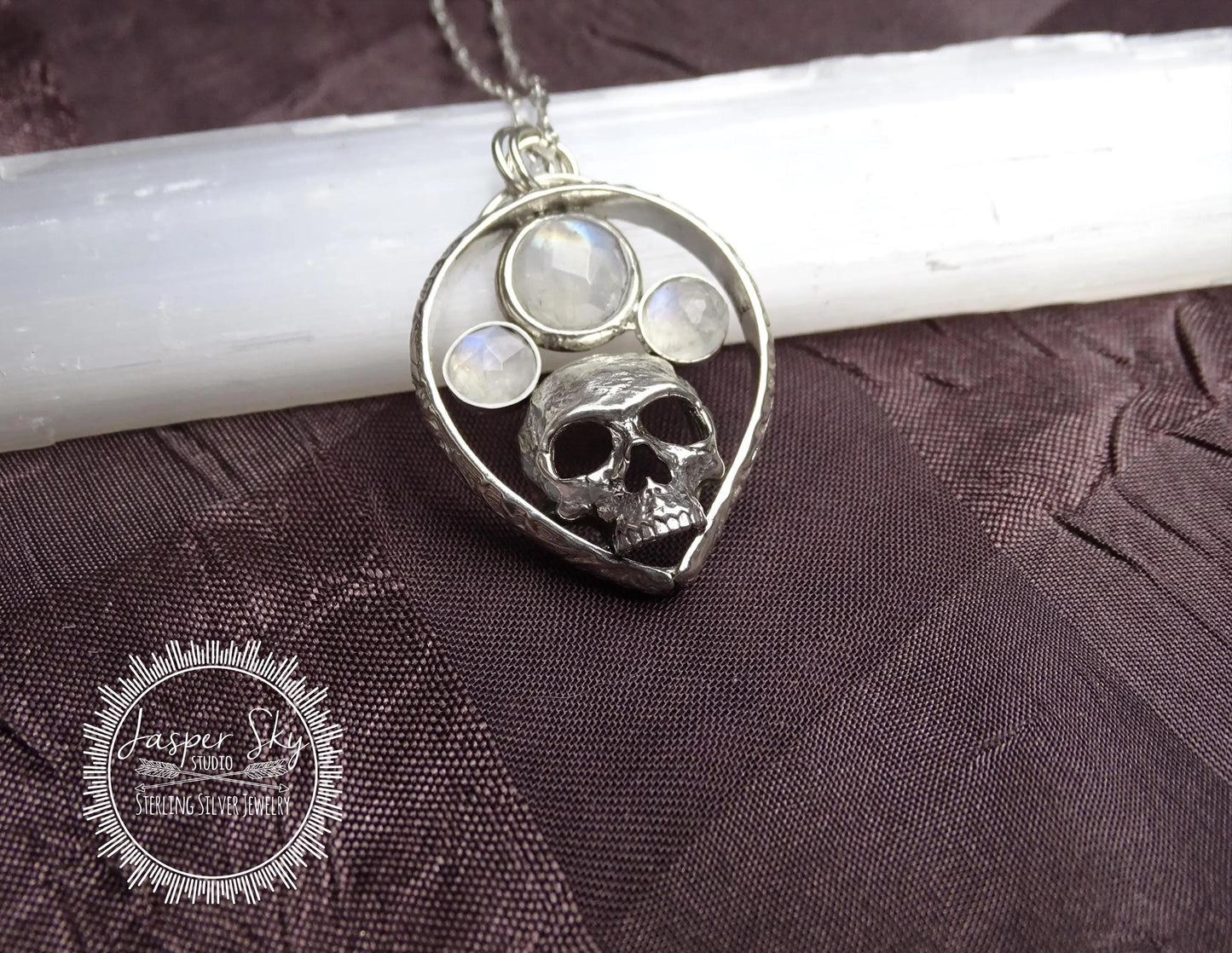 Skull Pendant in Sterling Silver with Rainbow Moonstones