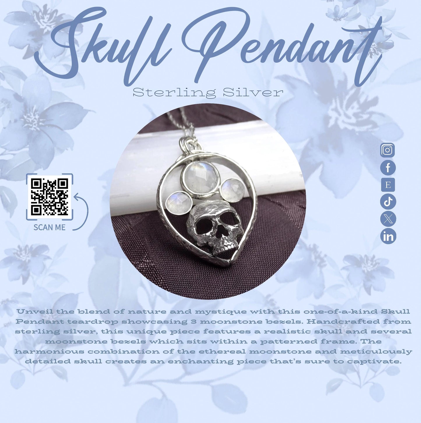 Skull Pendant in Sterling Silver with Rainbow Moonstones