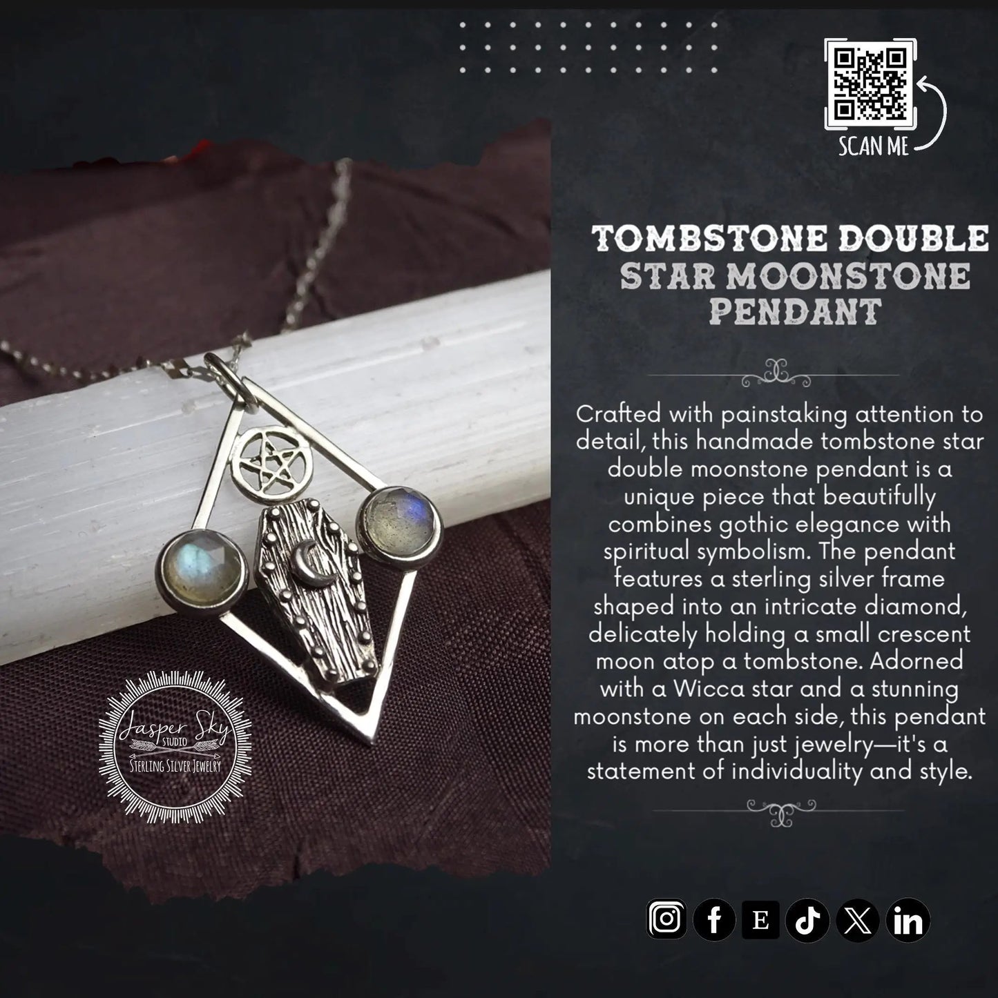 Tombstone Pendant, Handmade Sterling Silver Moonstone Necklace, Wicca Star Gemstone Jewelry, Unique Gothic Statement Gift