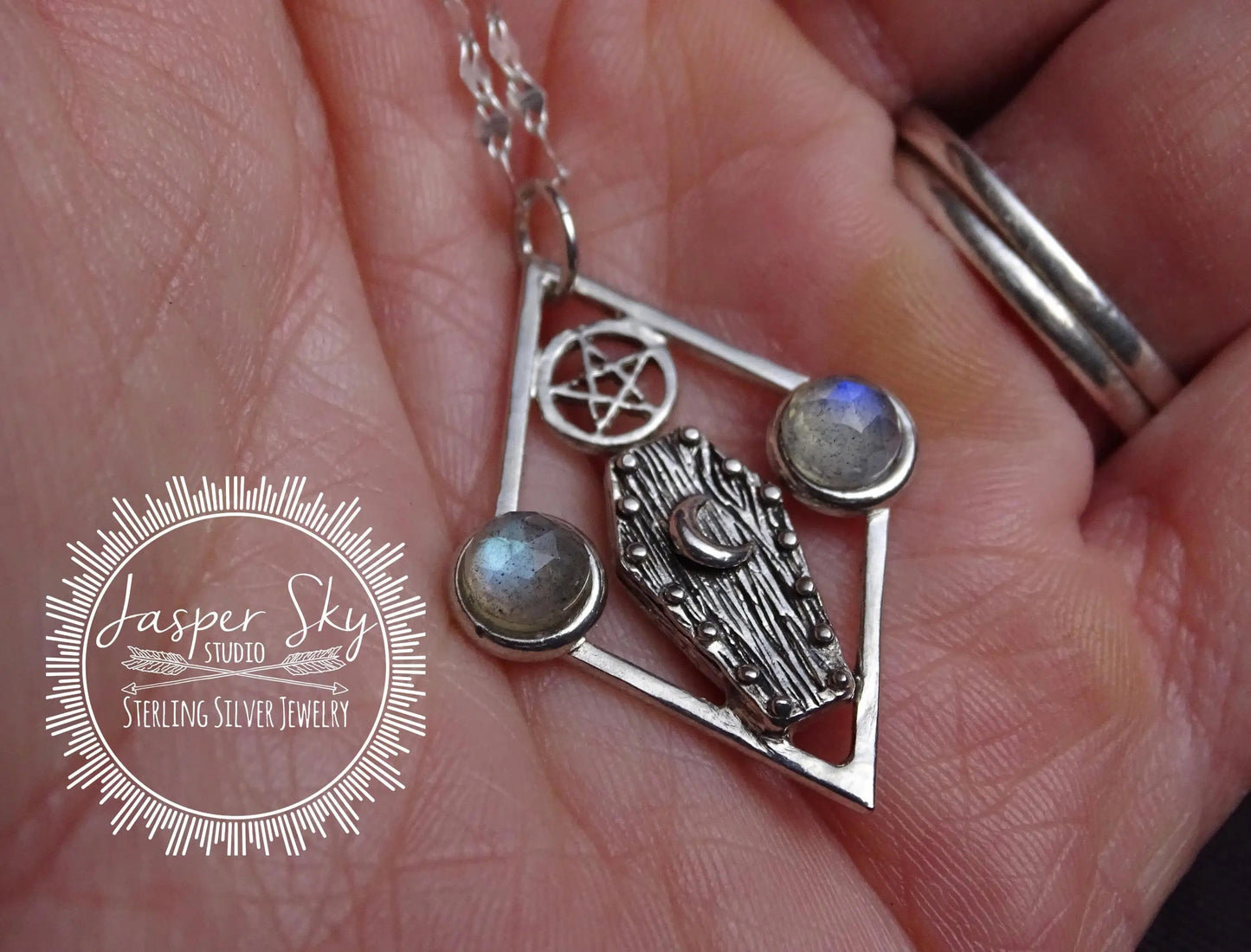 Tombstone Pendant, Handmade Sterling Silver Moonstone Necklace, Wicca Star Gemstone Jewelry, Unique Gothic Statement Gift