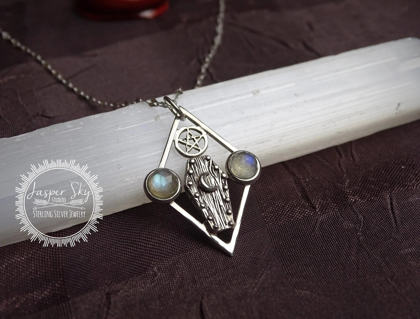 Tombstone Pendant, Handmade Sterling Silver Moonstone Necklace, Wicca Star Gemstone Jewelry, Unique Gothic Statement Gift
