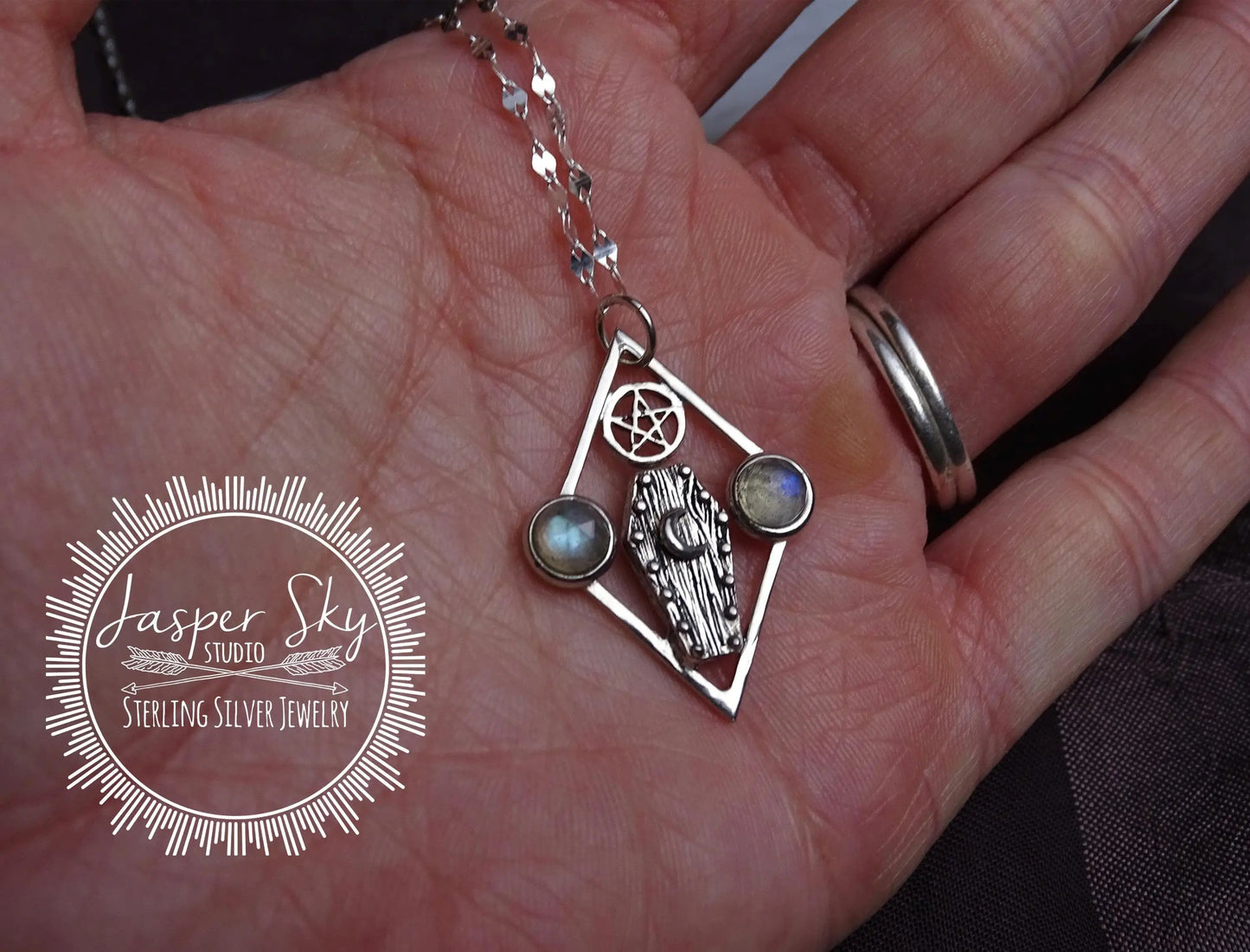Tombstone Pendant, Handmade Sterling Silver Moonstone Necklace, Wicca Star Gemstone Jewelry, Unique Gothic Statement Gift