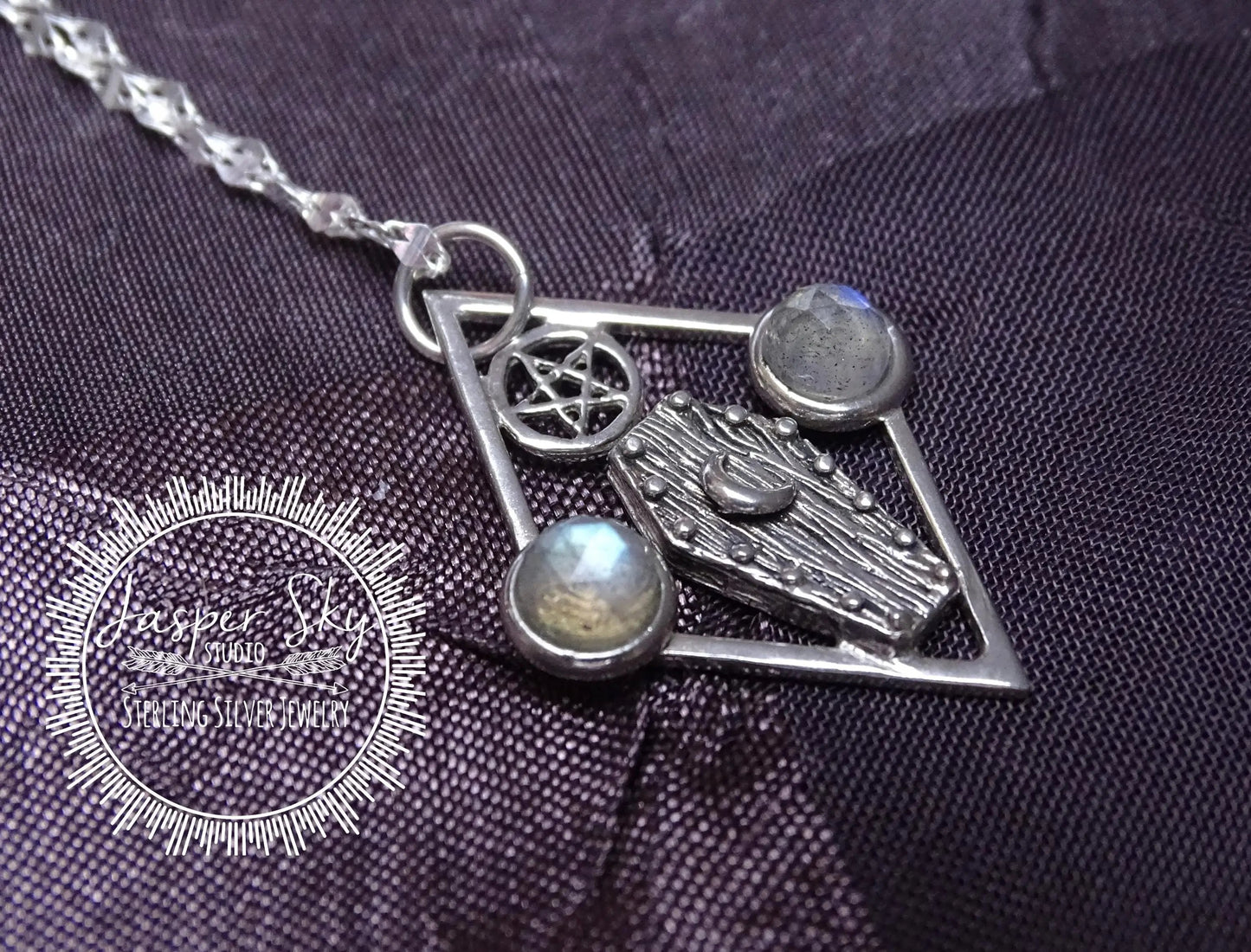 Tombstone Pendant, Handmade Sterling Silver Moonstone Necklace, Wicca Star Gemstone Jewelry, Unique Gothic Statement Gift