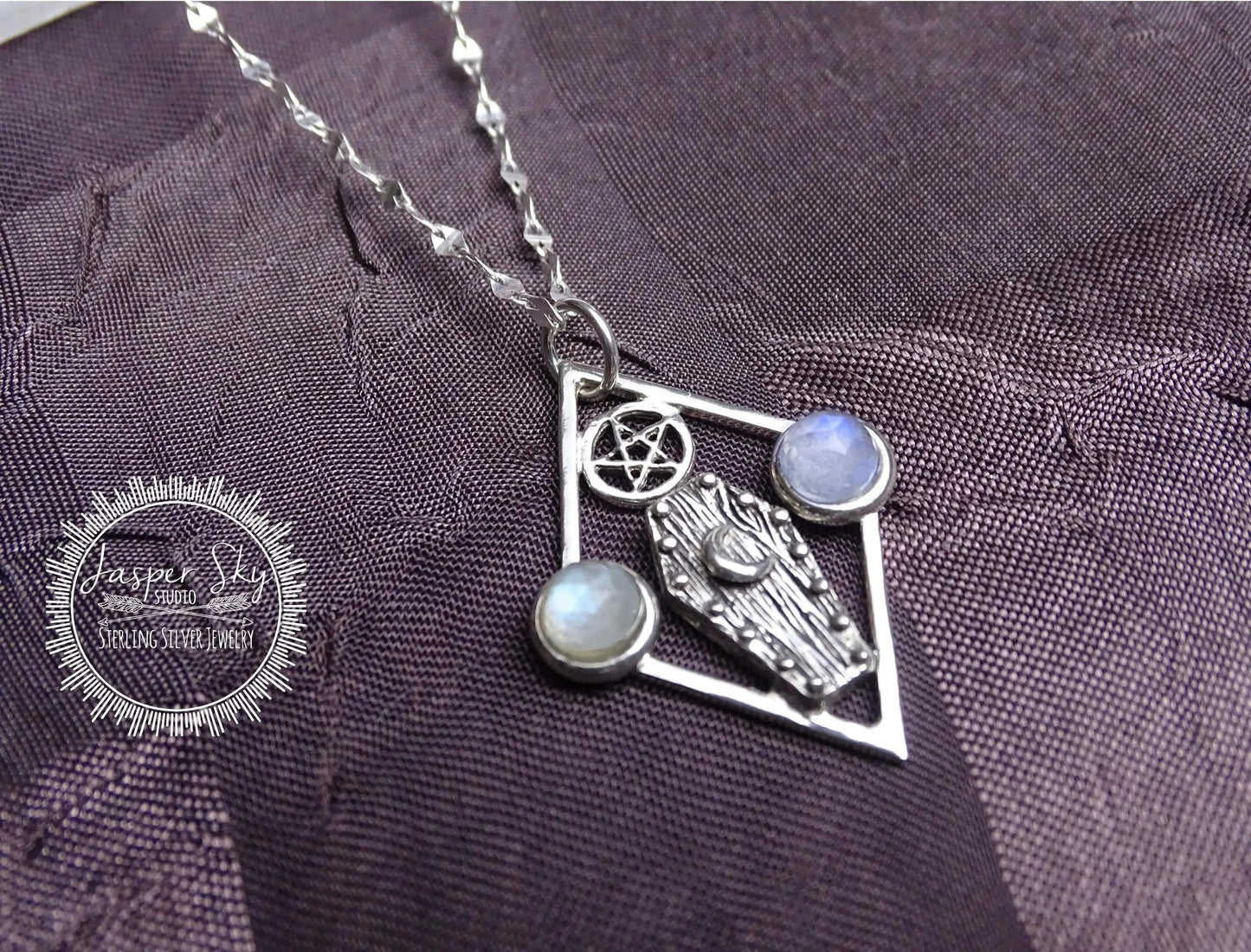 Tombstone Pendant, Handmade Sterling Silver Moonstone Necklace, Wicca Star Gemstone Jewelry, Unique Gothic Statement Gift