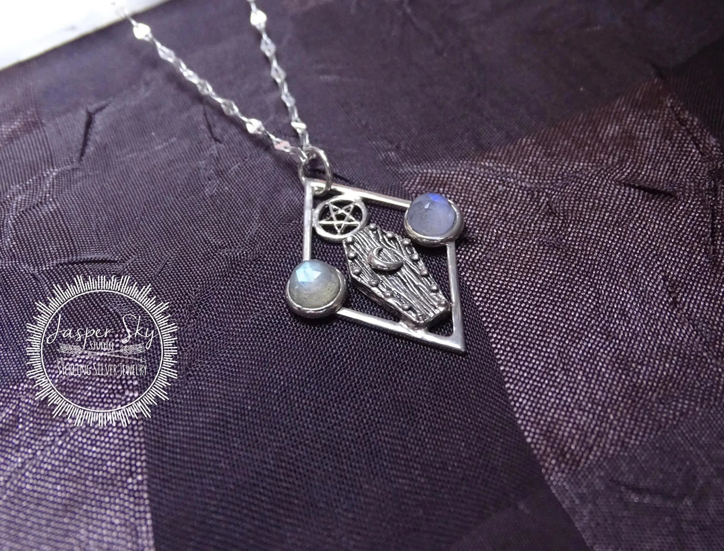 Tombstone Pendant, Handmade Sterling Silver Moonstone Necklace, Wicca Star Gemstone Jewelry, Unique Gothic Statement Gift