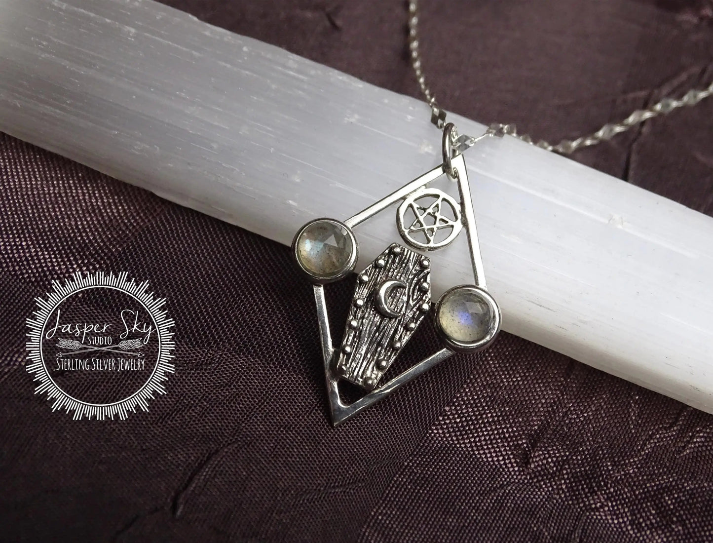 Tombstone Pendant, Handmade Sterling Silver Moonstone Necklace, Wicca Star Gemstone Jewelry, Unique Gothic Statement Gift