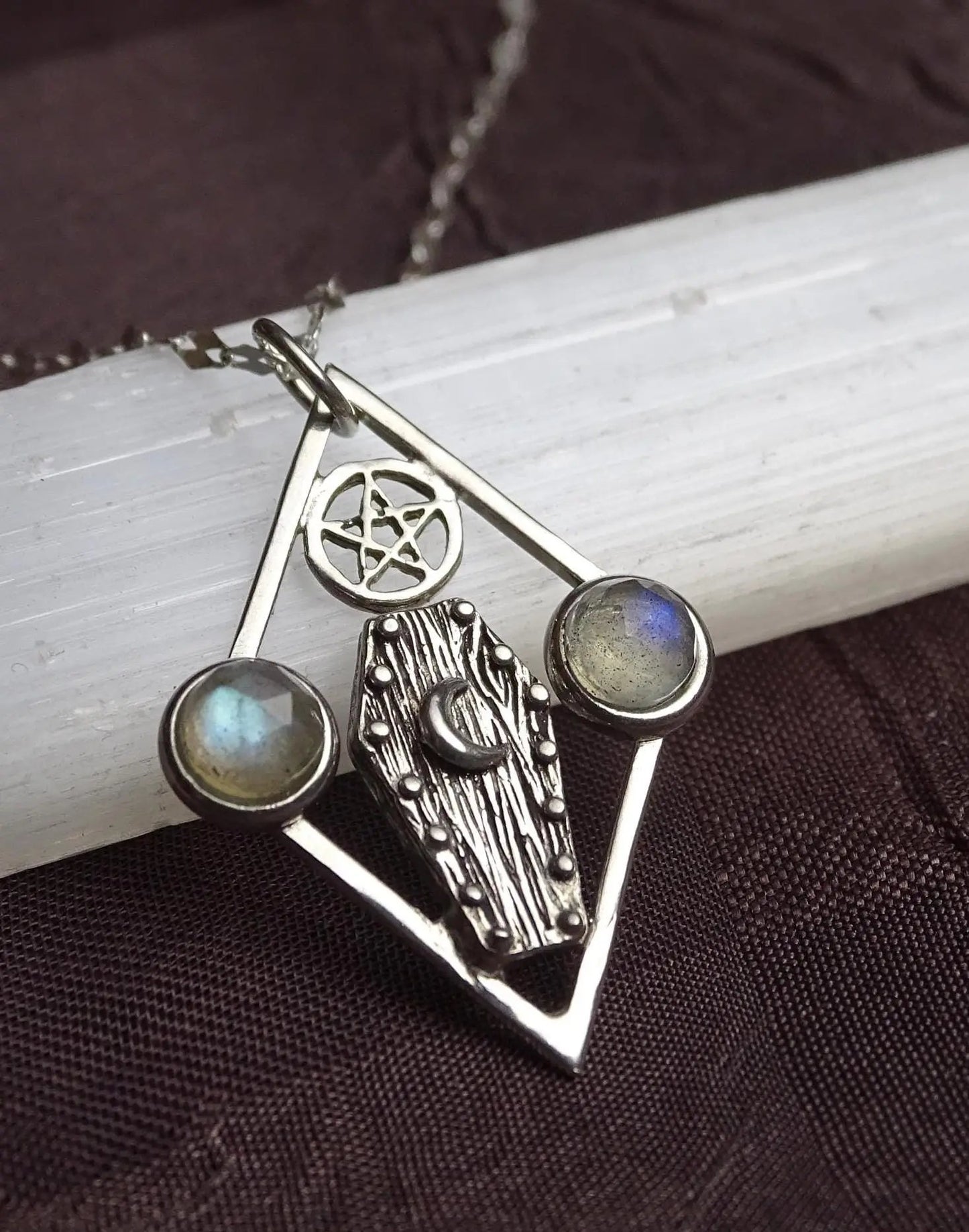 Tombstone Pendant, Handmade Sterling Silver Moonstone Necklace, Wicca Star Gemstone Jewelry, Unique Gothic Statement Gift