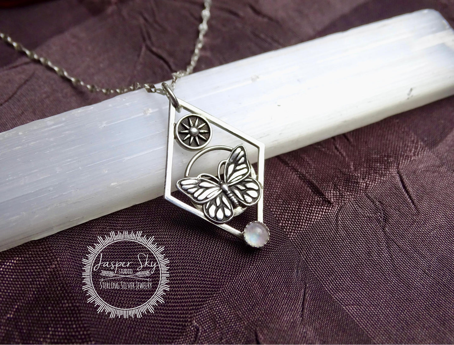 Monarch Butterfly Necklace with Sun - Sterling silver, Moonstone