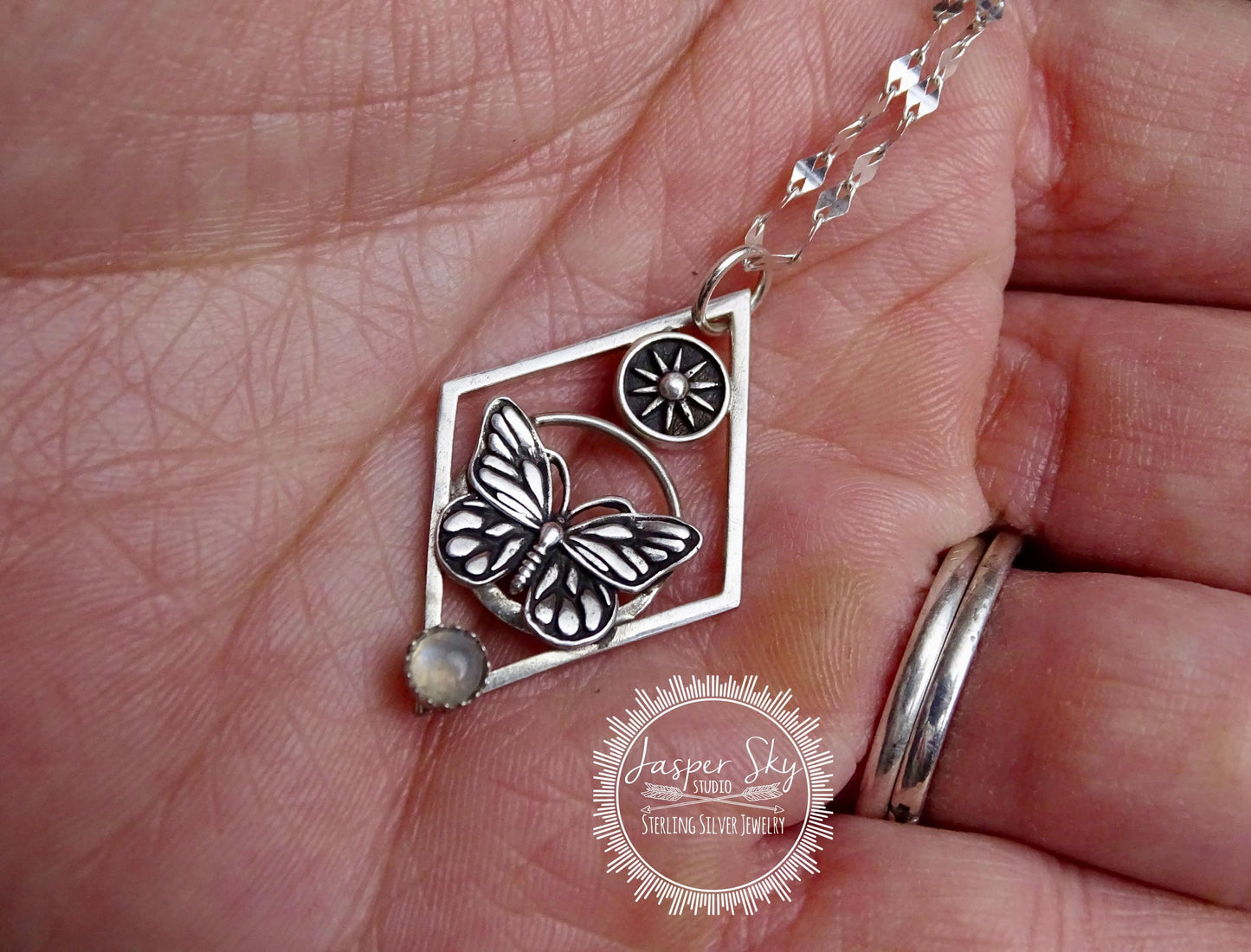 Monarch Butterfly Necklace with Sun - Sterling silver, Moonstone