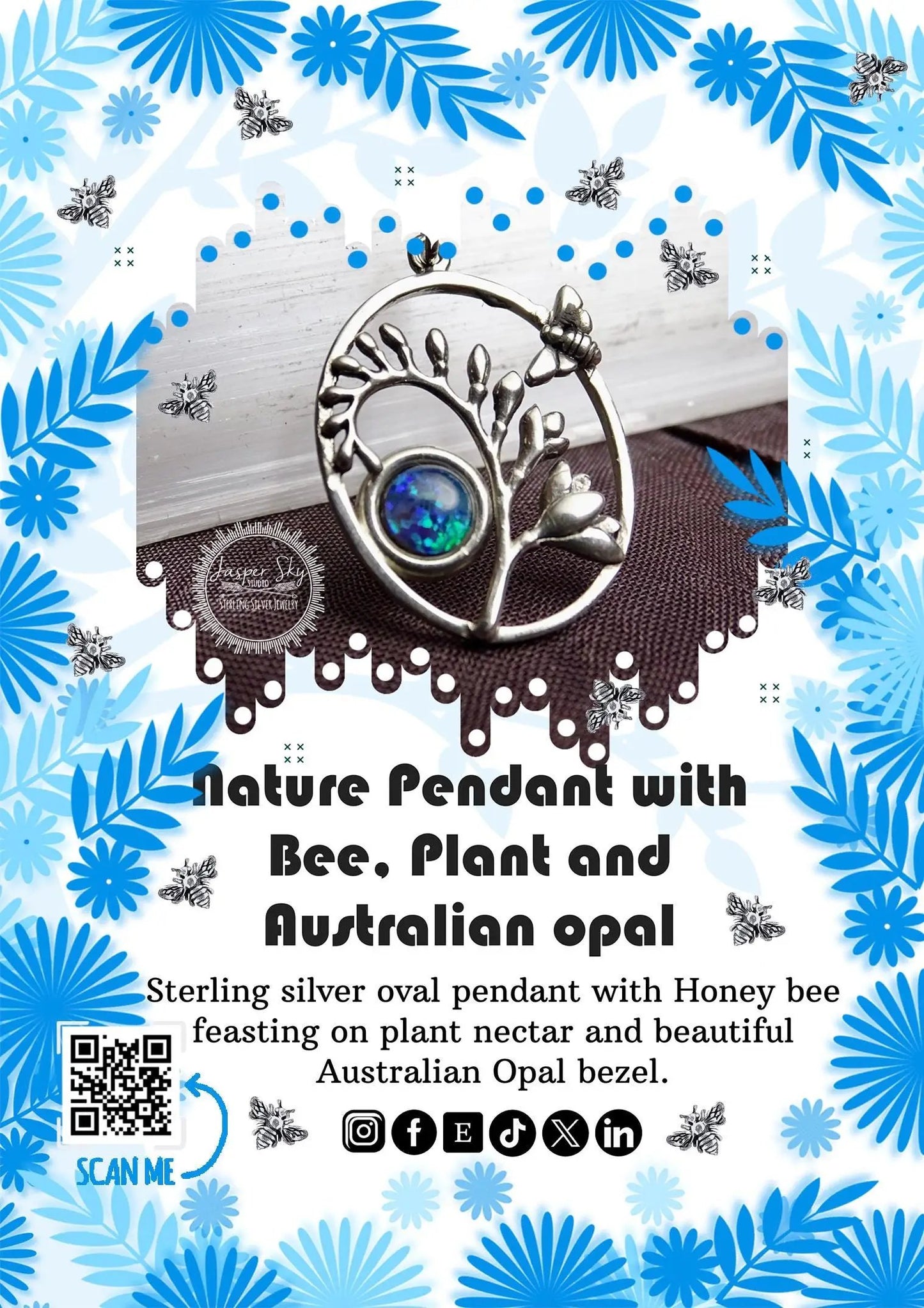 Bee Pendant Handmade Sterling Silver, Oval Pendant with Australian Opal Bezel, Unique Nature Jewelry Gift