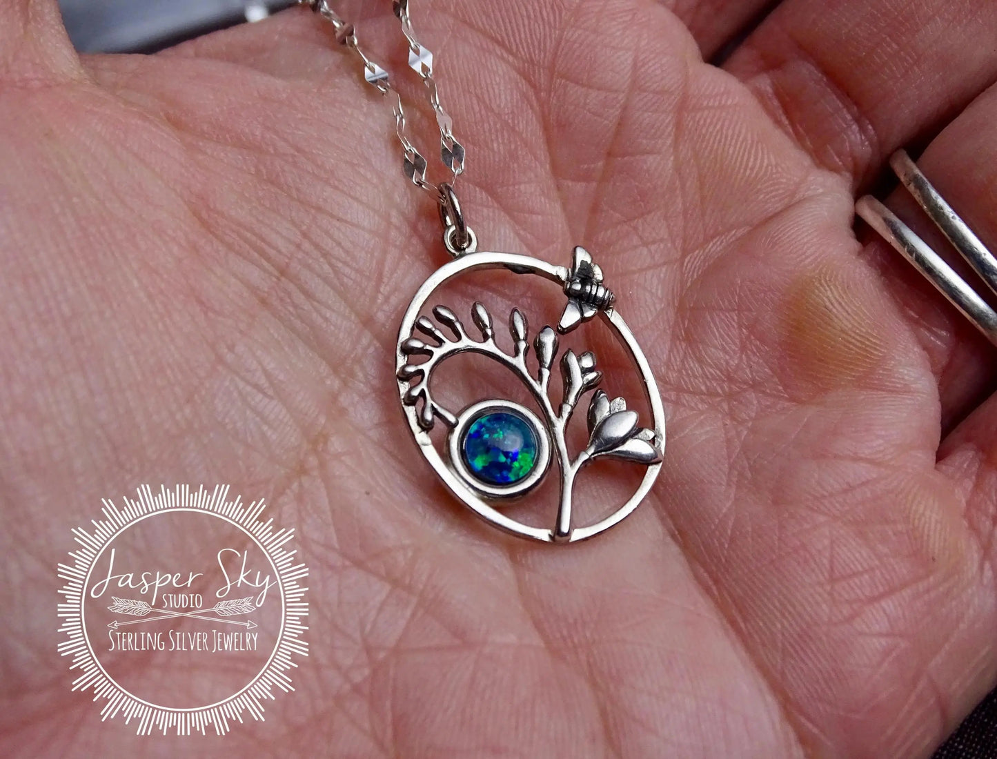 Bee Pendant Handmade Sterling Silver, Oval Pendant with Australian Opal Bezel, Unique Nature Jewelry Gift