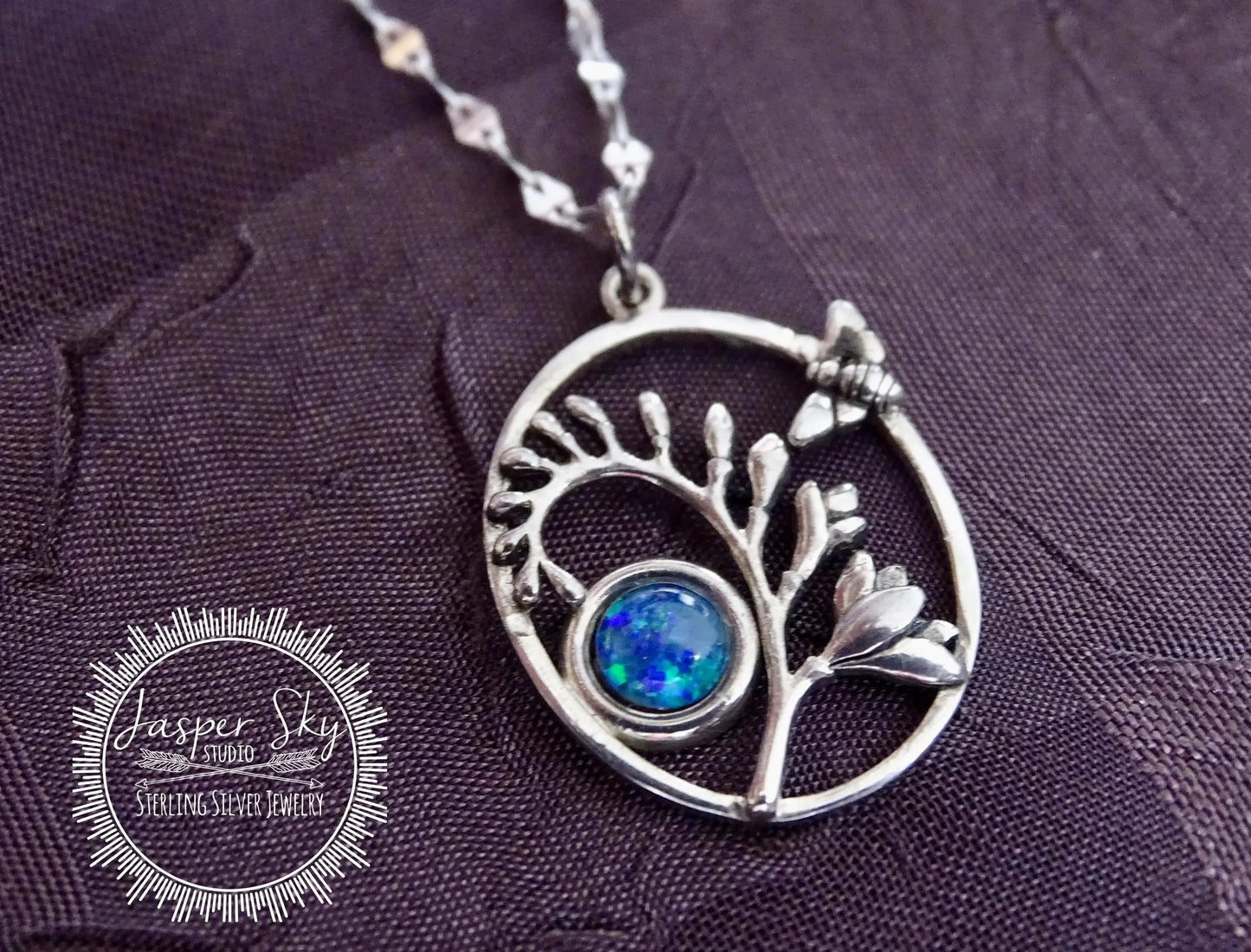 Bee Pendant Handmade Sterling Silver, Oval Pendant with Australian Opal Bezel, Unique Nature Jewelry Gift