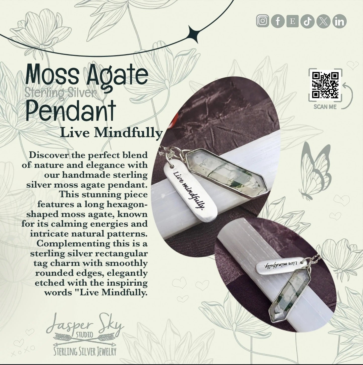 Moss agate sterling silver pendant with 'Live Mindfully' charm, displayed with floral graphics and product description for mindful gifting.
