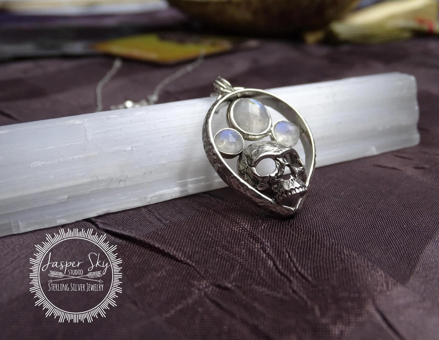 Skull Pendant in Sterling Silver with Rainbow Moonstones