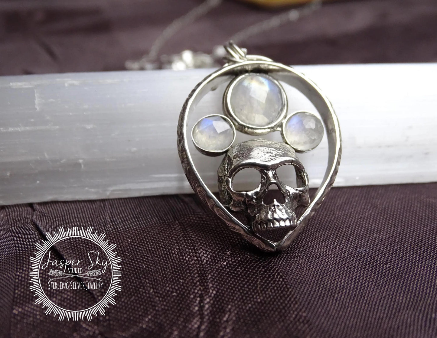 Skull Pendant in Sterling Silver with Rainbow Moonstones
