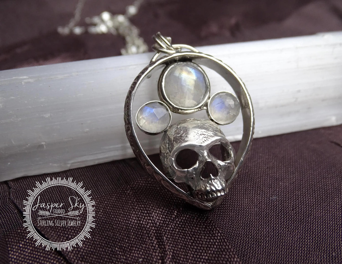 Skull Pendant in Sterling Silver with Rainbow Moonstones