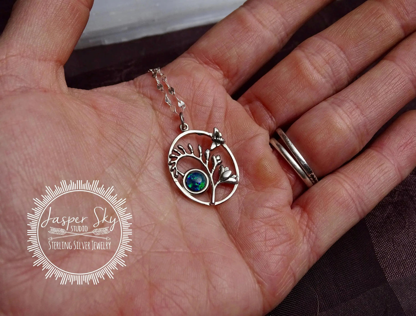 Bee Pendant Handmade Sterling Silver, Oval Pendant with Australian Opal Bezel, Unique Nature Jewelry Gift
