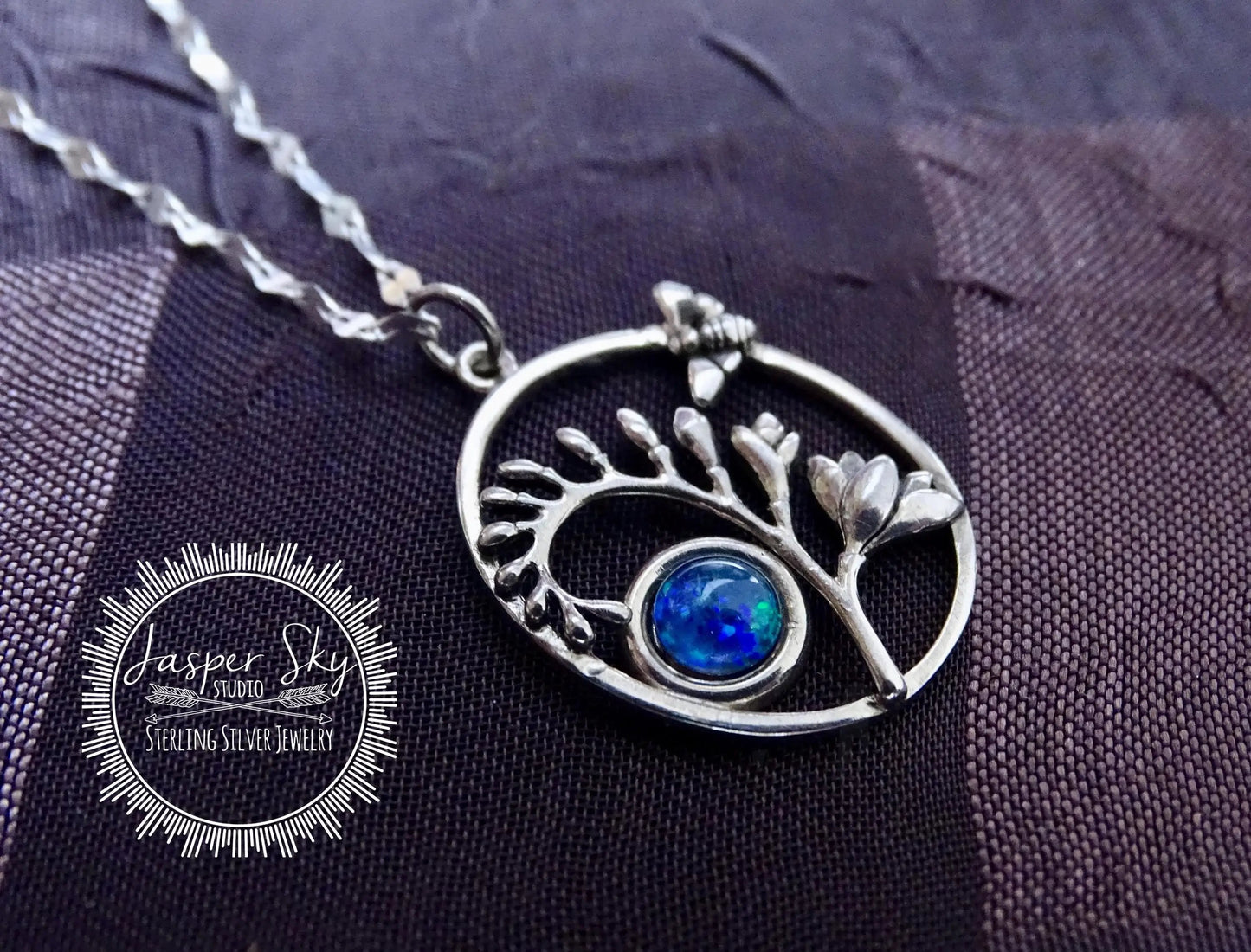 Bee Pendant Handmade Sterling Silver, Oval Pendant with Australian Opal Bezel, Unique Nature Jewelry Gift