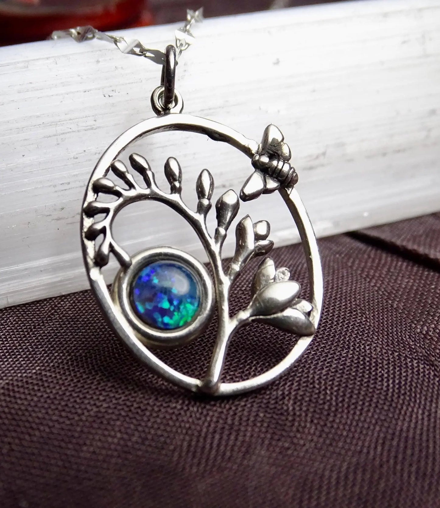 Bee Pendant Handmade Sterling Silver, Oval Pendant with Australian Opal Bezel, Unique Nature Jewelry Gift
