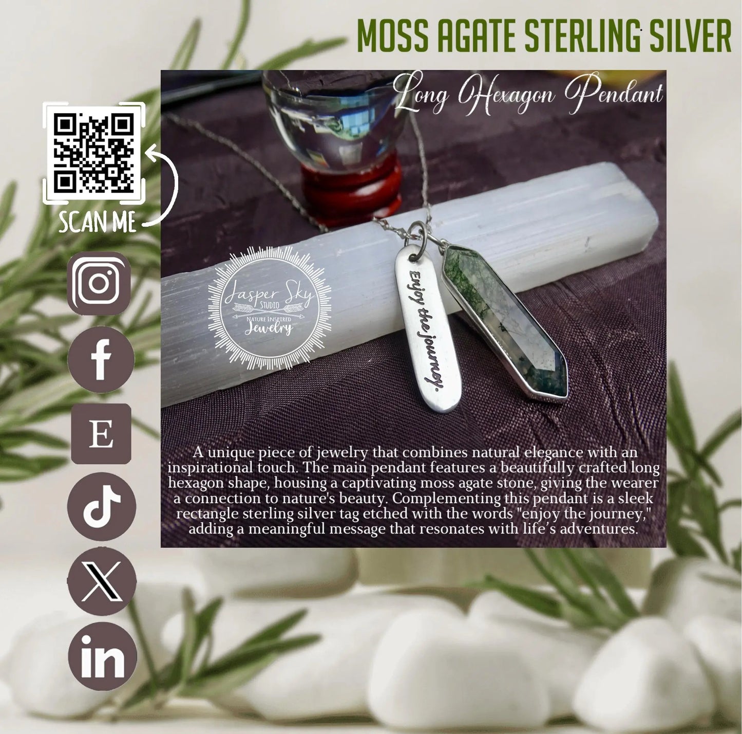 Moss agate sterling silver long hexagon pendant with engraved 'Enjoy the Journey' charm, displayed with branding and product description.