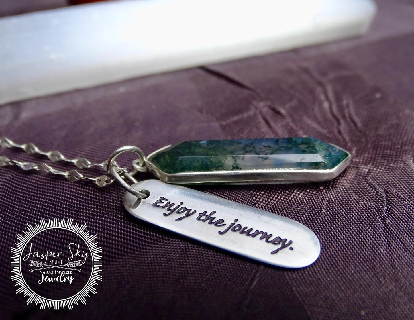 Detailed view of moss agate hexagon pendant with 'Enjoy the Journey' sterling silver charm, ideal for nature-inspired jewelry lovers.