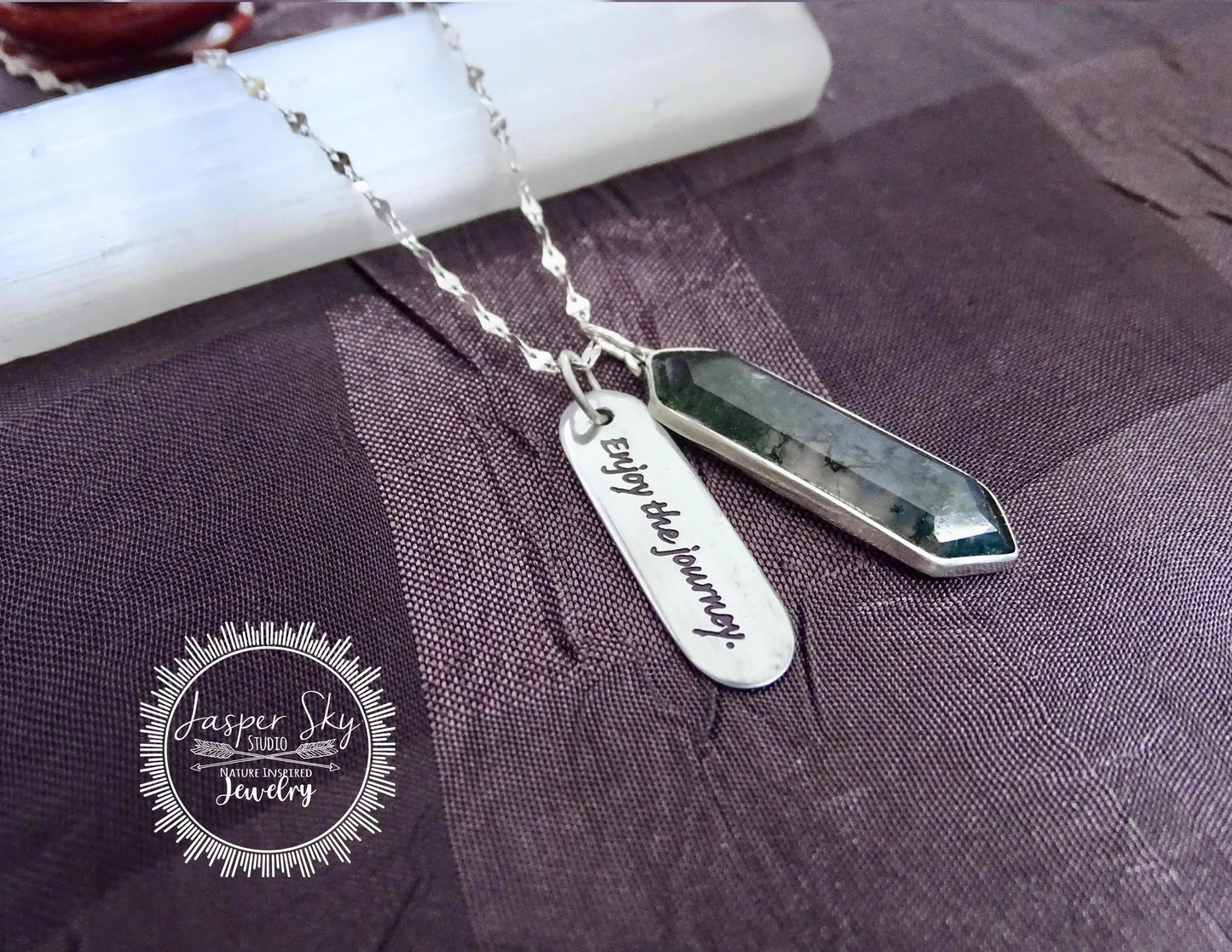 Sterling Silver Moss Agate Pendant - Enjoy the Journey necklace featuring a hexagon moss agate stone and engraved charm on a silver chain.