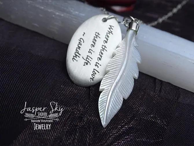 Feather Phrase Pendant with Mother of Pearl Detail - Sterling Silver Gandhi Quote Necklace for Love-Inspired Gift Giving - One of a Kind