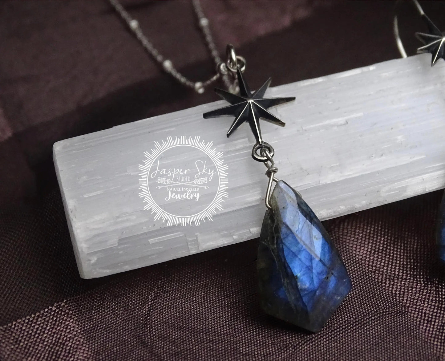 Sterling Silver North Star Jewelry Set, Unique Shield Cut Labradorite Hook Earrings & Necklace