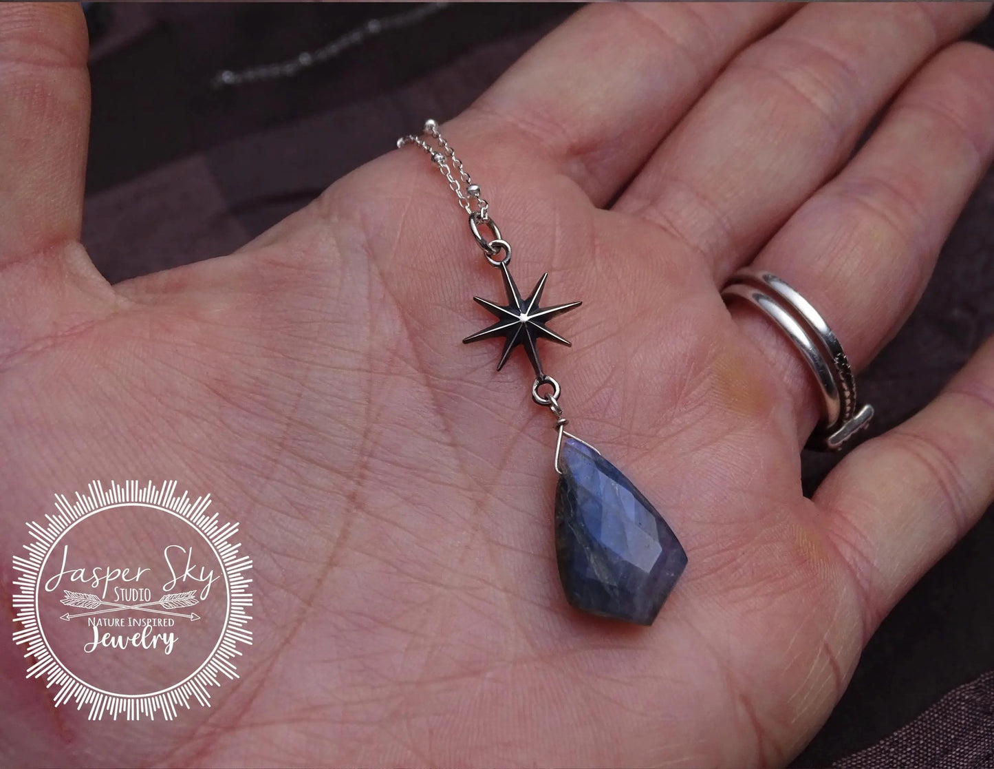 Sterling Silver North Star Jewelry Set, Unique Shield Cut Labradorite Hook Earrings & Necklace