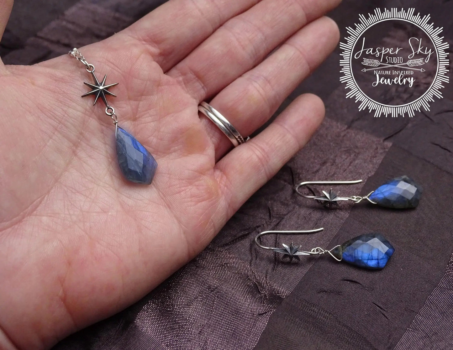 Sterling Silver North Star Jewelry Set, Unique Shield Cut Labradorite Hook Earrings & Necklace