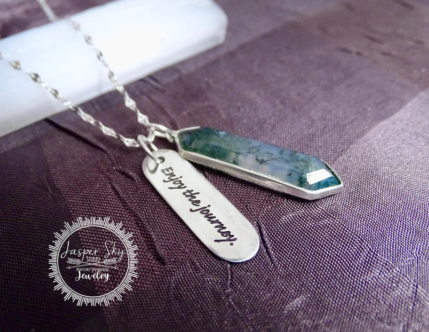 Elegant moss agate pendant necklace with sterling silver 'Enjoy the Journey' charm, handcrafted for a meaningful holiday gift.