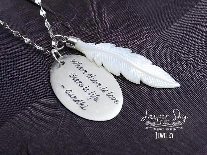 Feather Phrase Pendant with Mother of Pearl Detail - Sterling Silver Gandhi Quote Necklace for Love-Inspired Gift Giving - One of a Kind