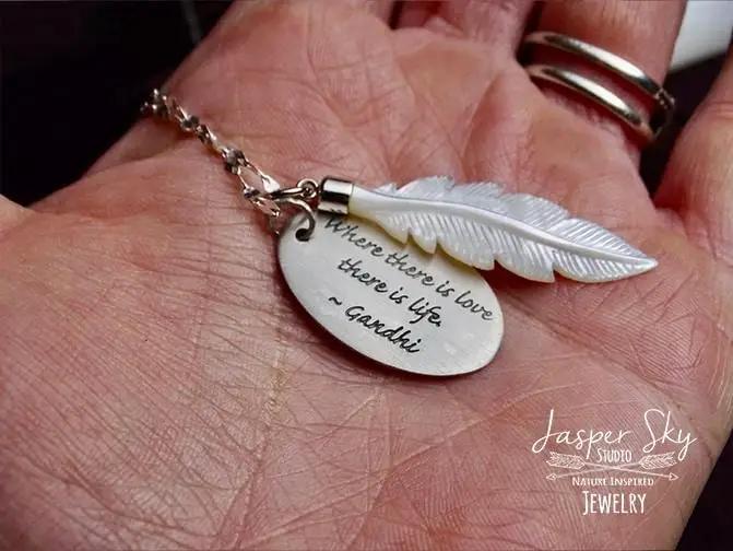 Feather Phrase Pendant with Mother of Pearl Detail - Sterling Silver Gandhi Quote Necklace for Love-Inspired Gift Giving - One of a Kind
