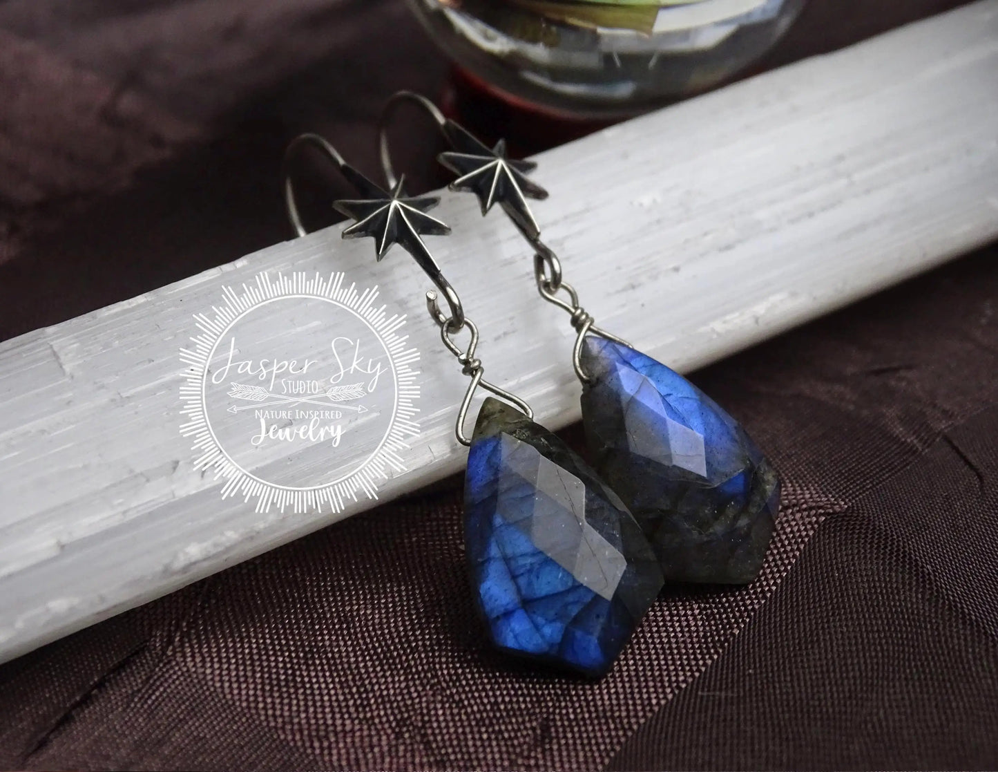 Sterling Silver North Star Jewelry Set, Unique Shield Cut Labradorite Hook Earrings & Necklace