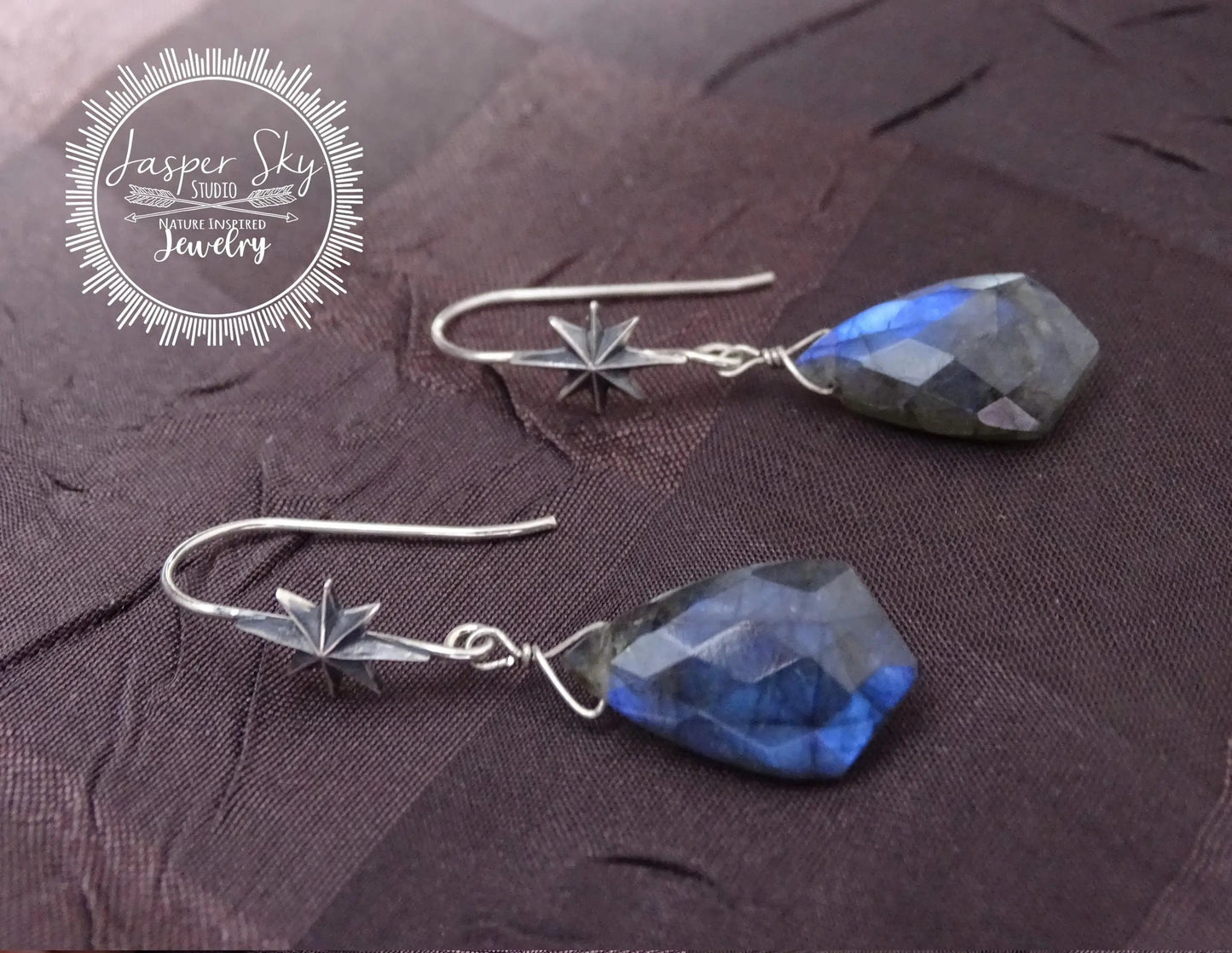 Sterling Silver North Star Jewelry Set, Unique Shield Cut Labradorite Hook Earrings & Necklace