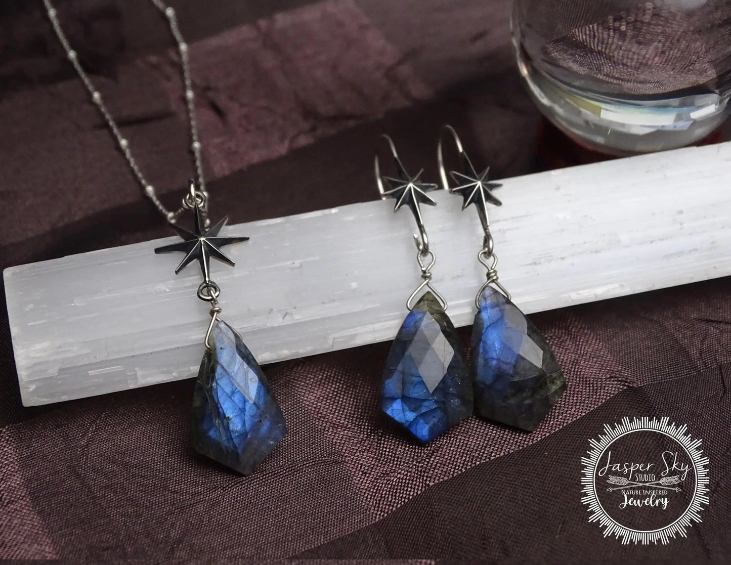 Sterling Silver North Star Jewelry Set, Unique Shield Cut Labradorite Hook Earrings & Necklace
