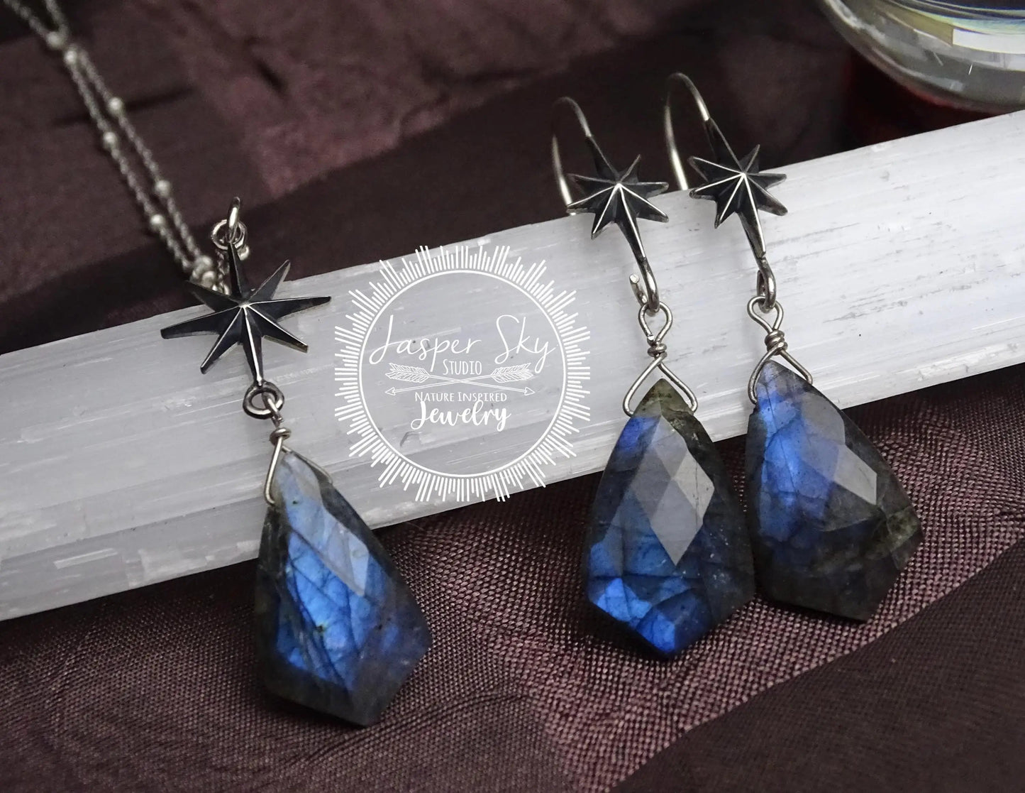 Sterling Silver North Star Jewelry Set, Unique Shield Cut Labradorite Hook Earrings & Necklace