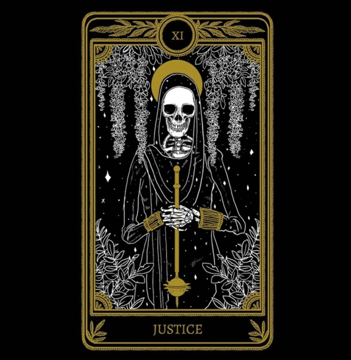 Illustration of the Justice tarot card featuring a skeleton holding scales, the design used in The Silver Wing's Gold Justice Tarot Card Necklace Pendant.
