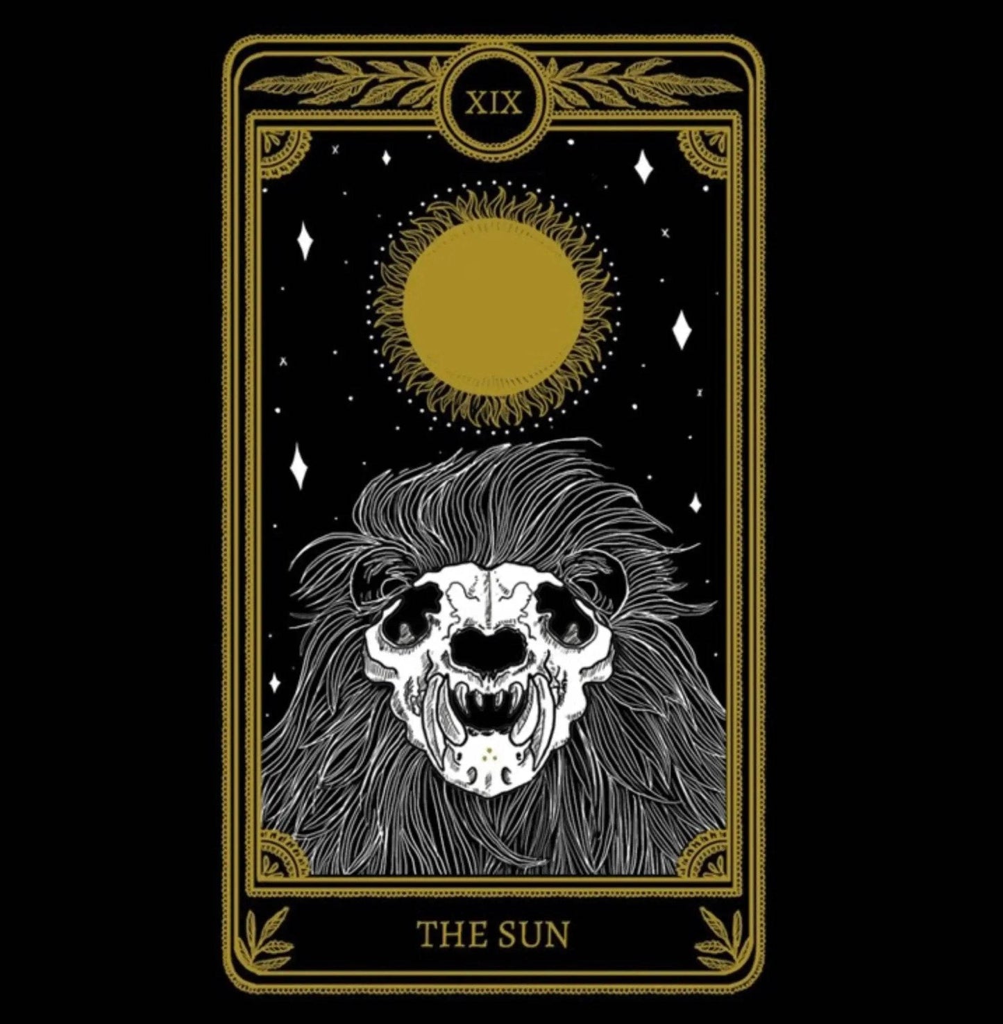 Illustration of The Sun tarot card with lion and golden sun, symbolic of the Sun Tarot Card Necklace - 18k Gold | The Silver Wing.