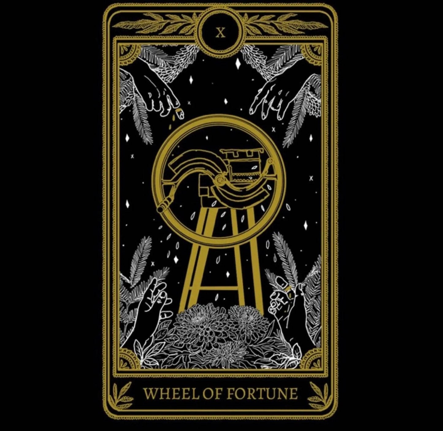 Wheel of Fortune tarot card artwork in black and gold, inspiration for the Wheel of Fortune Tarot Necklace by The Silver Wing.